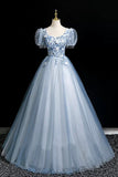 Blue Tulle Lace Long Prom Dress, Blue Short Sleeve Evening Party Dress HZ0429
