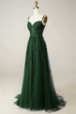 Green Tulle and Lace Long Prom Dress, Lovely Spaghetti Strap Evening Dress HZ0429