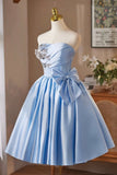 Blue Satin Short Prom Dress, Lovely A-Line Strapless Evening Party Dress HZ0429