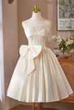 Champagne Satin Short Prom Dress, Lovely A-Line Strapless Party Dress with Corset HZ0429