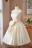 Champagne Satin Short Prom Dress, Lovely A-Line Strapless Party Dress with Corset HZ0429