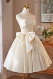 Champagne Satin Short Prom Dress, Lovely A-Line Strapless Party Dress with Corset HZ0429