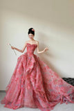 Beautiful Floral Print Long Prom Dress, Red A-Line Strapless Evening Dress HZ0429