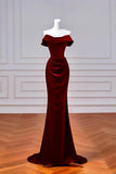 Burgundy Velvet Long Prom Dress, Mermaid Off the Shoulder Party Dress HZ0429