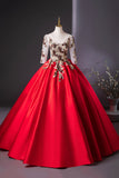 Elegant Red Satin Embroidered Lace Formal Dress, A-Line Scoop Neckline Party Dress HZ0429