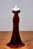 Burgundy Velvet Long Prom Dress, Mermaid Off the Shoulder Party Dress HZ0429