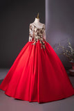 Elegant Red Satin Embroidered Lace Formal Dress, A-Line Scoop Neckline Party Dress HZ0429