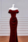 Burgundy Velvet Long Prom Dress, Mermaid Off the Shoulder Party Dress HZ0429