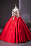 Elegant Red Satin Embroidered Lace Formal Dress, A-Line Scoop Neckline Party Dress HZ0429