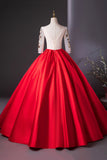 Elegant Red Satin Embroidered Lace Formal Dress, A-Line Scoop Neckline Party Dress HZ0429