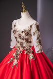 Elegant Red Satin Embroidered Lace Formal Dress, A-Line Scoop Neckline Party Dress HZ0429