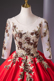 Elegant Red Satin Embroidered Lace Formal Dress, A-Line Scoop Neckline Party Dress HZ0429