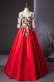 Elegant Red Satin Embroidered Lace Formal Dress, A-Line Scoop Neckline Party Dress HZ0429