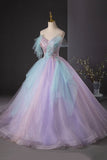 Lilac and Blue Tulle Long Prom Dress, Beautiful Off the Shoulder Evening Party Dress HZ0429