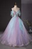 Lilac and Blue Tulle Long Prom Dress, Beautiful Off the Shoulder Evening Party Dress HZ0429