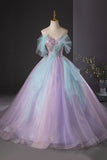 Lilac and Blue Tulle Long Prom Dress, Beautiful Off the Shoulder Evening Party Dress HZ0429