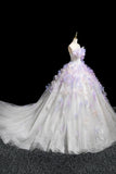White Tulle and Lavender Appliques Long Prom Dress, Beautiful Fairy Party Dress HZ0429
