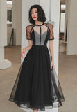 Black Tulle Short A-Line Prom Dress, Black Short Sleeve Party Dresses HZ0429