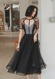 Black Tulle Short A-Line Prom Dress, Black Short Sleeve Party Dresses HZ0429