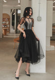 Black Tulle Short A-Line Prom Dress, Black Short Sleeve Party Dresses HZ0429