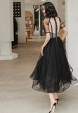 Black Tulle Short A-Line Prom Dress, Black Short Sleeve Party Dresses HZ0429