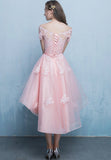 Pink Tulle Lace Short Prom Dress, High Low Evening Party Dress HZ0429