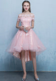 Pink Tulle Lace Short Prom Dress, High Low Evening Party Dress HZ0429