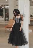 Black Tulle Short A-Line Prom Dress, Black Short Sleeve Party Dresses HZ0429