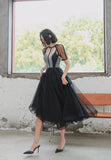 Black Tulle Short A-Line Prom Dress, Black Short Sleeve Party Dresses HZ0429
