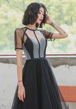 Black Tulle Short A-Line Prom Dress, Black Short Sleeve Party Dresses HZ0429