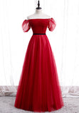 Red Tulle Long Prom Dresses, A-Line Off the Shoulder Evening Dresses HZ0429