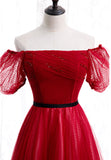 Red Tulle Long Prom Dresses, A-Line Off the Shoulder Evening Dresses HZ0429