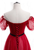 Red Tulle Long Prom Dresses, A-Line Off the Shoulder Evening Dresses HZ0429