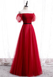 Red Tulle Long Prom Dresses, A-Line Off the Shoulder Evening Dresses HZ0429