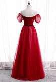 Red Tulle Long Prom Dresses, A-Line Off the Shoulder Evening Dresses HZ0429