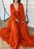Orange V-Neck Chiffon Long Prom Dresses, A-Line Evening Dresses HZ0429