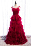 A-Line Long Spaghetti Strap Prom Dresses, Cute Layers Tulle Evening Dresses HZ0429