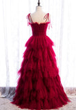 A-Line Long Spaghetti Strap Prom Dresses, Cute Layers Tulle Evening Dresses HZ0429