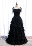 A-Line Long Spaghetti Strap Prom Dresses, Cute Layers Tulle Evening Dresses HZ0429