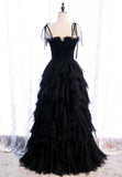 A-Line Long Spaghetti Strap Prom Dresses, Cute Layers Tulle Evening Dresses HZ0429