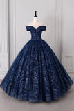 Navy Blue Off-the-Shoulder Ball Gown with Glitter Floral Embroidery - Formal Evening Prom HZ0429