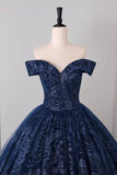 Navy Blue Off-the-Shoulder Ball Gown with Glitter Floral Embroidery - Formal Evening Prom HZ0429