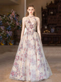 Cute Floral Print Long Prom Dress, Beautiful A-Line Halter Evening Party Dress HZ0429