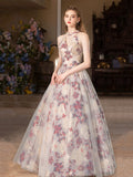 Cute Floral Print Long Prom Dress, Beautiful A-Line Halter Evening Party Dress HZ0429