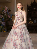 Cute Floral Print Long Prom Dress, Beautiful A-Line Halter Evening Party Dress HZ0429