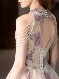 Cute Floral Print Long Prom Dress, Beautiful A-Line Halter Evening Party Dress HZ0429