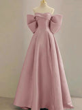 Pink Satin Floor Length Prom Dress, Off the Shoulder Evening Party Dress HZ0429