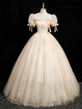 Champagne Tulle Floor Length Prom Dress, Cute Short Sleeve Evening Party Dress HZ0429
