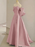 Pink Satin Floor Length Prom Dress, Off the Shoulder Evening Party Dress HZ0429