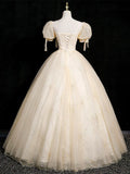Champagne Tulle Floor Length Prom Dress, Cute Short Sleeve Evening Party Dress HZ0429